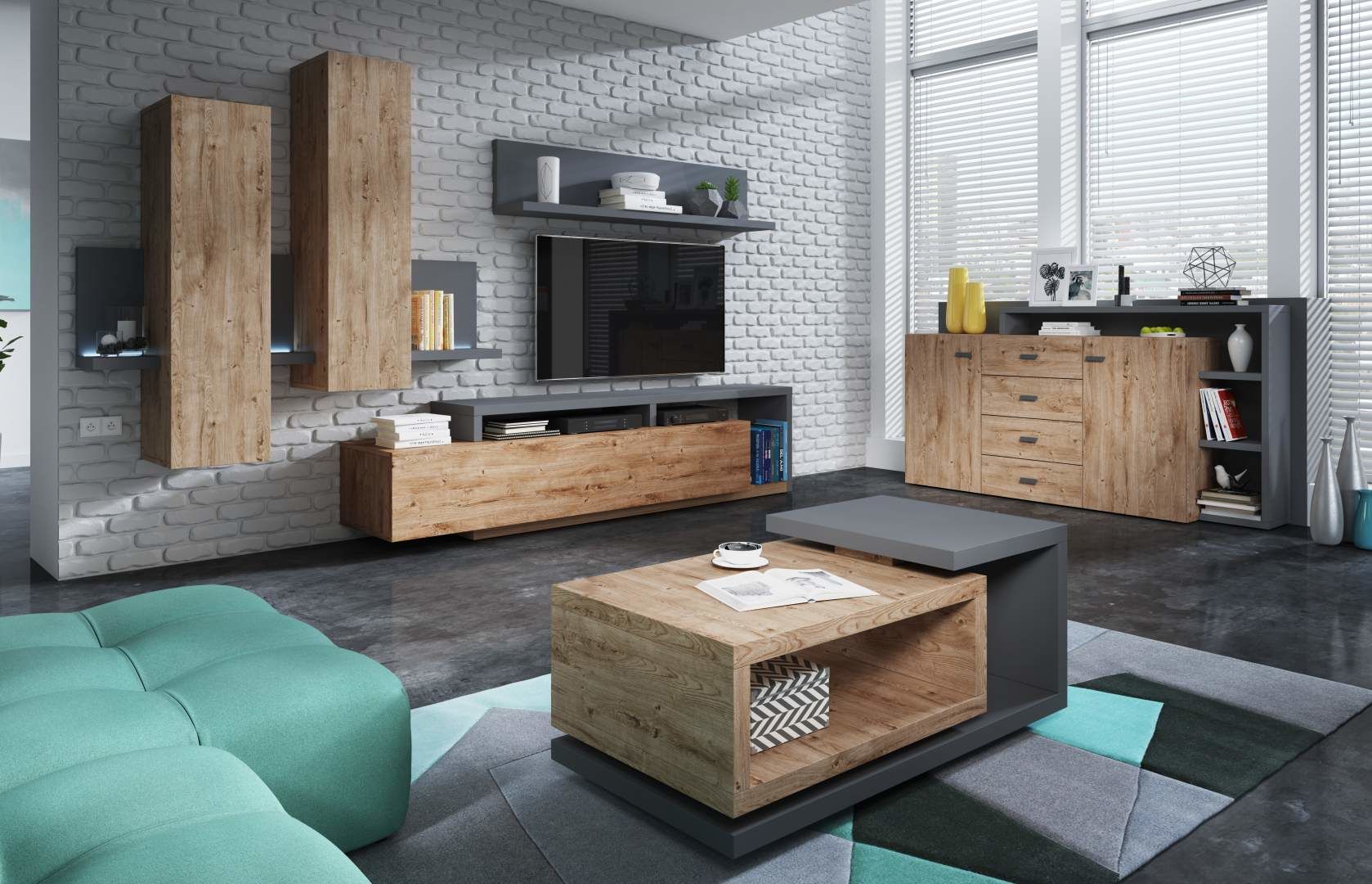 Obývací sestava BOTA Antracit - Dub Ribbec