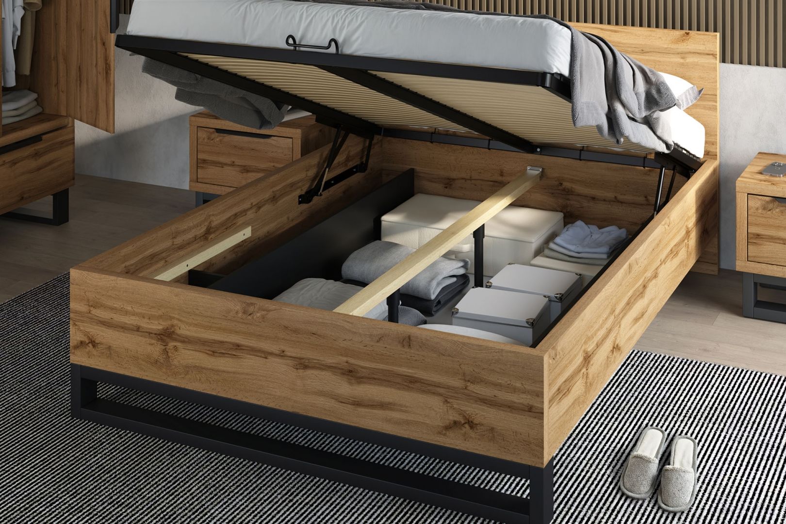 Postel HALES výklop s úložným prostorem dub wotan/černá